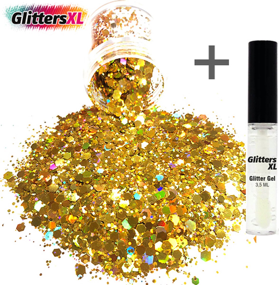 GlittersXL - Chunky Glitters (Goud) + Glitter Huid Lijm [Volume 8g - Festival Jewels Glitter Outfit Lichaam en Gezicht - Make-up Diamond Dots Face Body - Diamantjes Strass Steentjes - Kinderen Volwassenen Dames Makeup Tattoo Mastix Schmink]